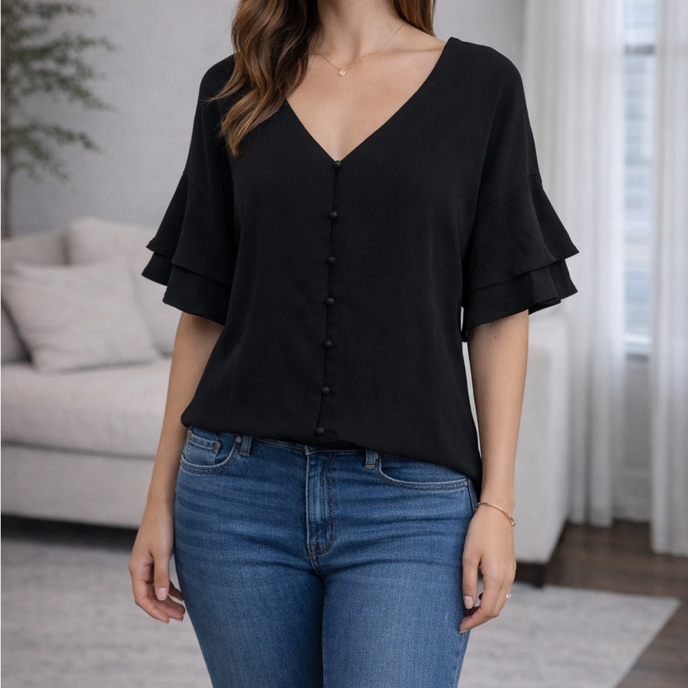 Black V-Neck Blouse with Ruffle Sleeves